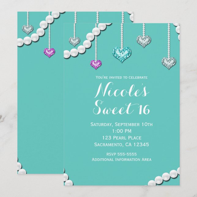 Diamonds & Pearls Bling Jewels Glam Birthday Party Invitation (Front/Back)