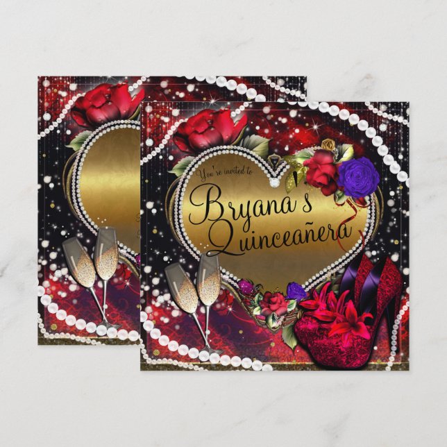 Diamonds Pearls Heart High Heels Quinceañera Invitation (Front/Back)