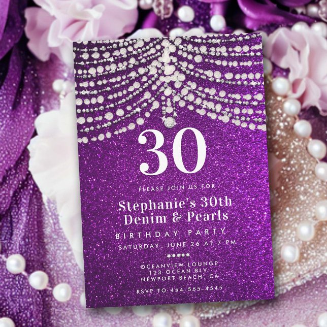 Diamonds Pearls Purple Glitz Glam 30th Birthday Invitation (glitter 30th birthday invitation glitz glamour diamonds pearls elegant classy bling theme)