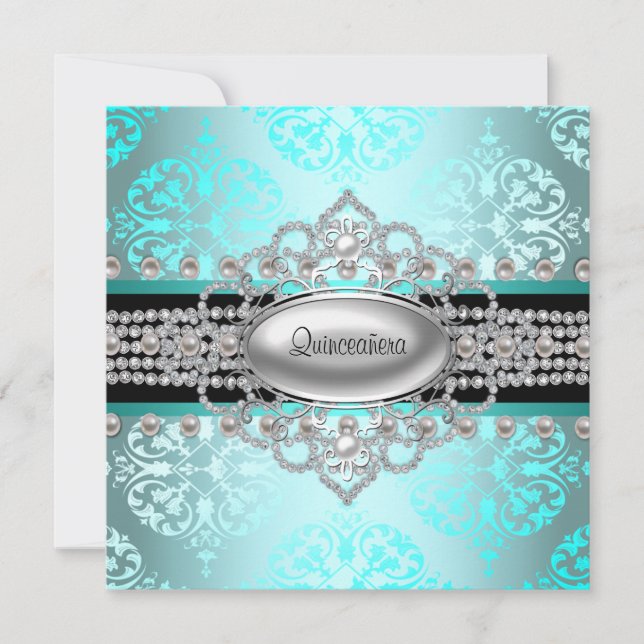 Diamonds Pearls Teal Blue Quinceanera Invitation (Front)