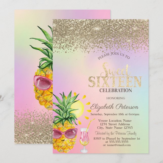 Diamonds,Pineapple,Cocktail Holographic Sweet 16 Invitation (Front/Back)