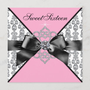 Diamonds Pink Black Sweet 16 Birthday Party Invitation