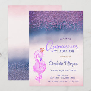 Diamonds,Pink Flamingo Crown Ombre  Quinceañera Invitation
