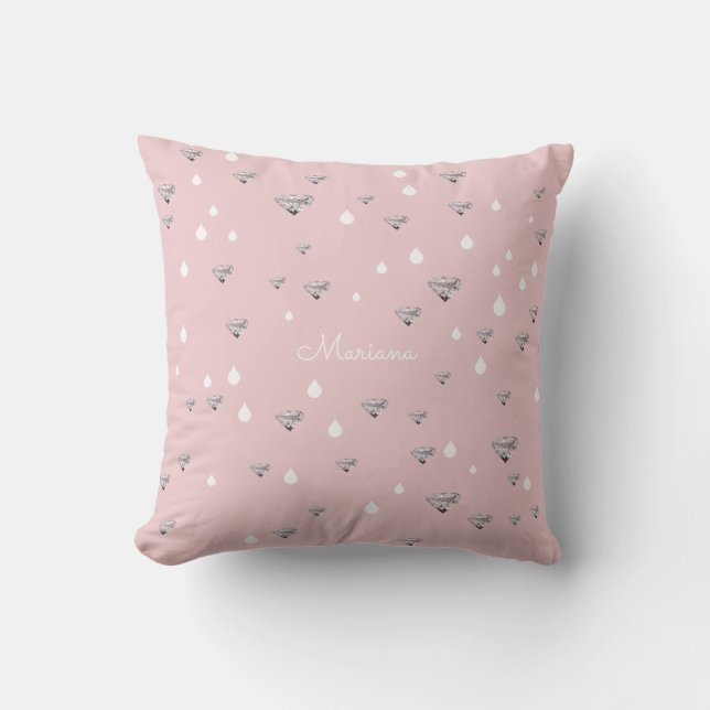 diamonds raindrops scattered on pink personalized throw pillow (Front)