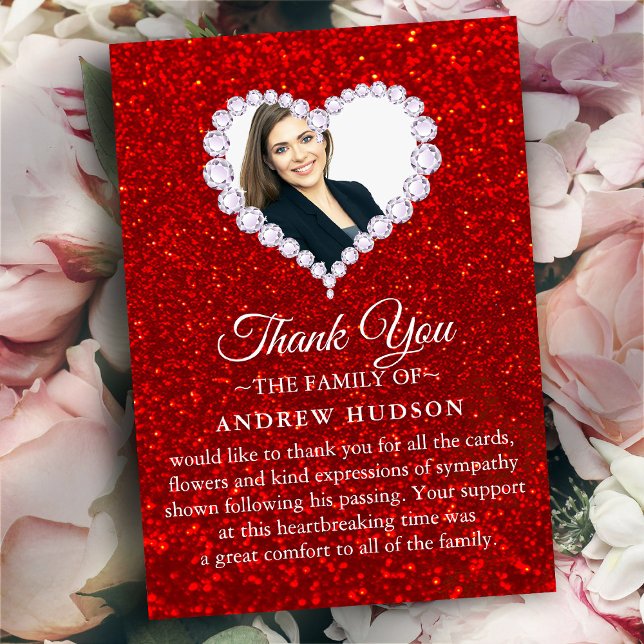 Diamonds Red Funeral Photo Sympathy Thank You Card (Creator Uploaded)