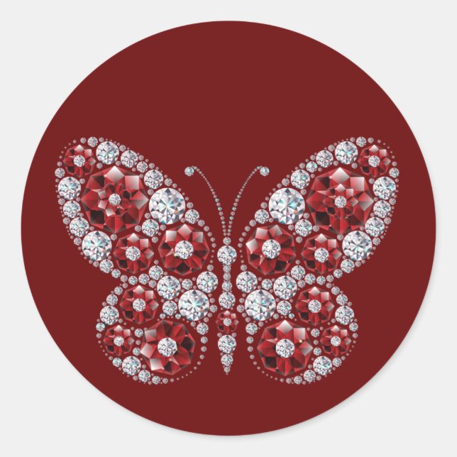 Diamonds Red Rhinestone Butterfly Classic Round Sticker (Front)