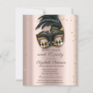  Diamonds Rose Gold Black Masquerade Sweet 16   Invitation