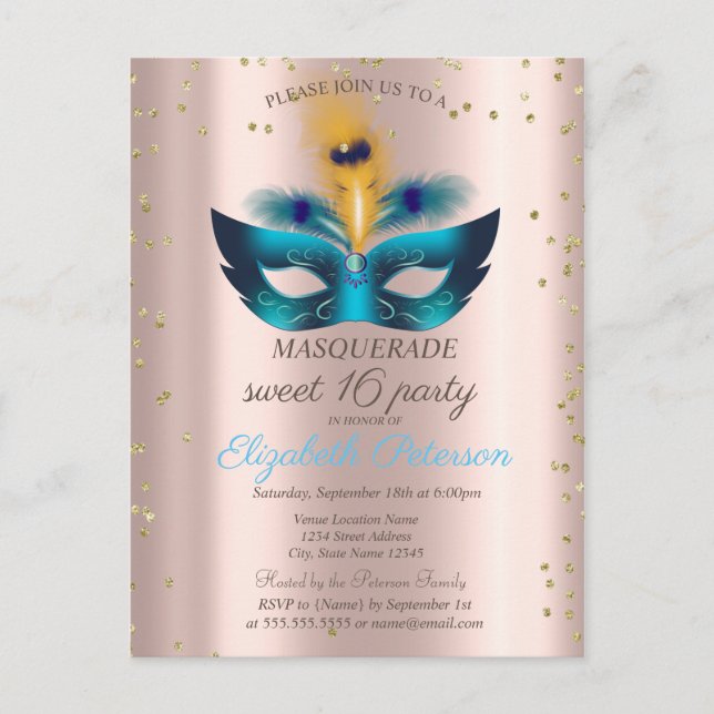  Diamonds Rose Gold Blue Masquerade Sweet 16  Invitation Postcard (Front)