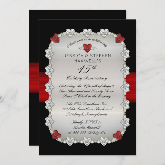 Diamonds Rubies Red 15th Wedding Anniversary Invitation (Front/Back)