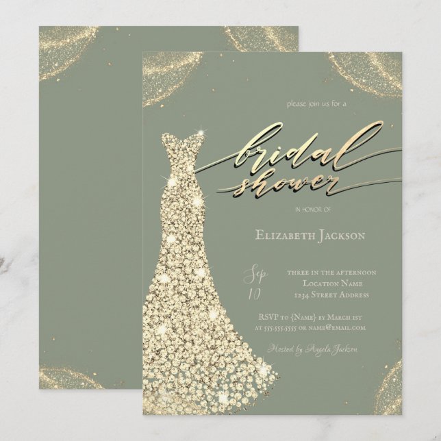 Diamonds Shiny Dress Sage Green Bridal Shower  Invitation (Front/Back)