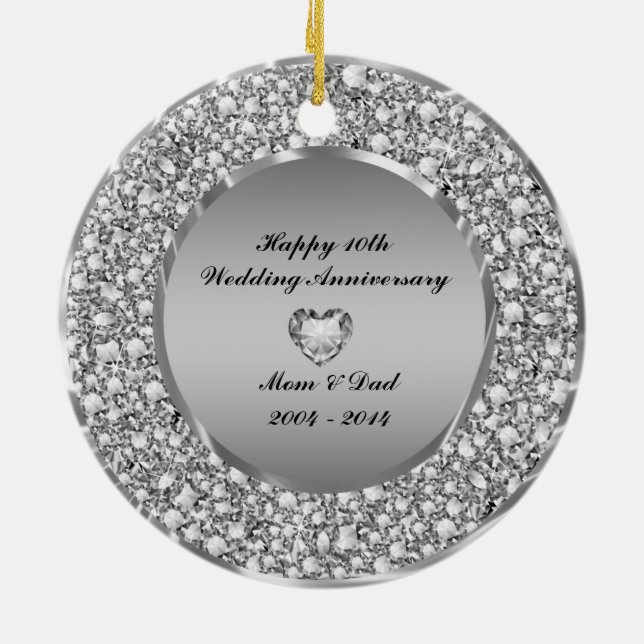 Diamonds & Silver 10th Wedding Anniversary Ceramic Ornament (Back)