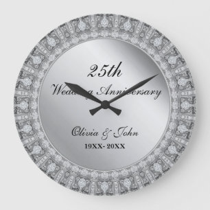 Diamonds & Silver 25th Wedding Anniversary gift Large Clock