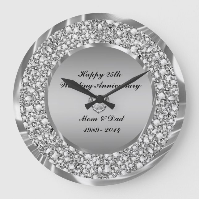Diamonds & Silver 25th Wedding Anniversary Large Clock (Front)