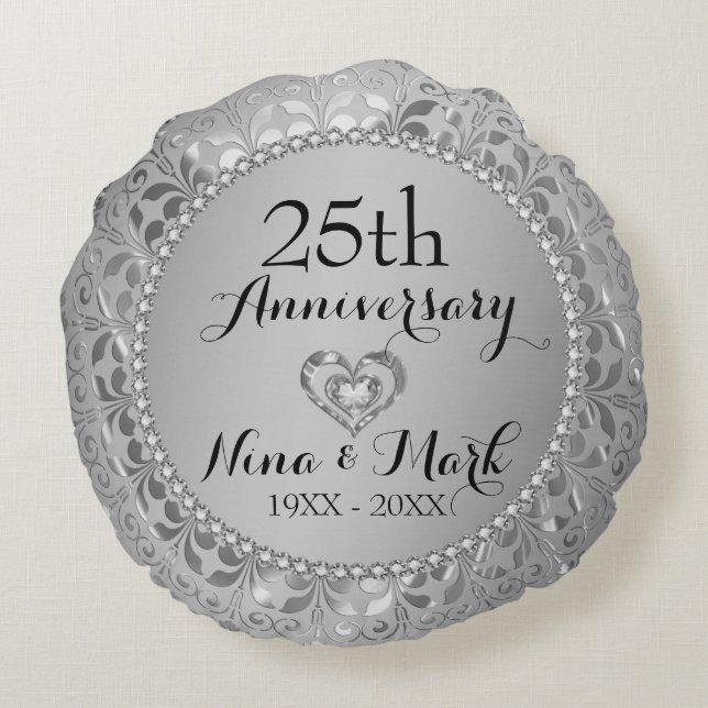 Diamonds & Silver 25th Wedding Anniversary Round Pillow (Back)