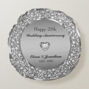 Diamonds & Silver 25th Wedding Anniversary Round Pillow