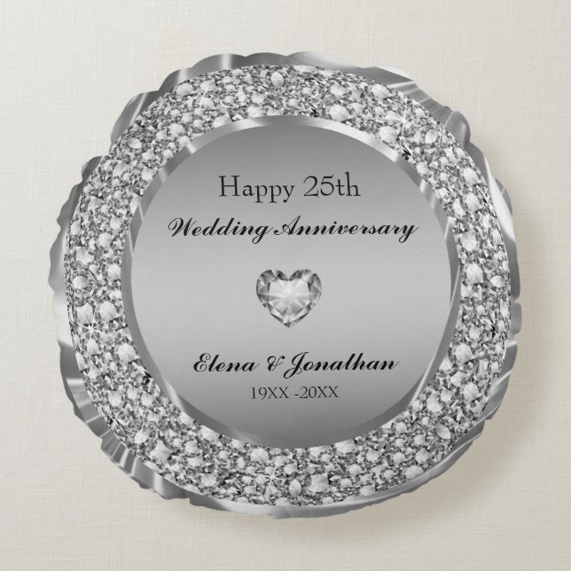 Diamonds & Silver 25th Wedding Anniversary Round Pillow (Front)
