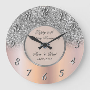 Diamonds Silver Glitter 25 Wedding Anniversary Large Clock