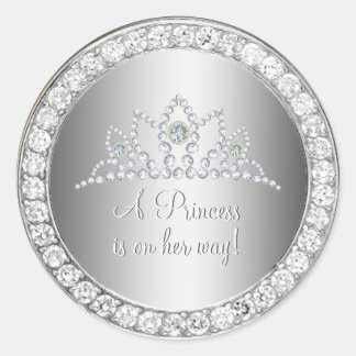 Diamonds Silver Princess Tiara Baby Shower Favour Classic Round Sticker