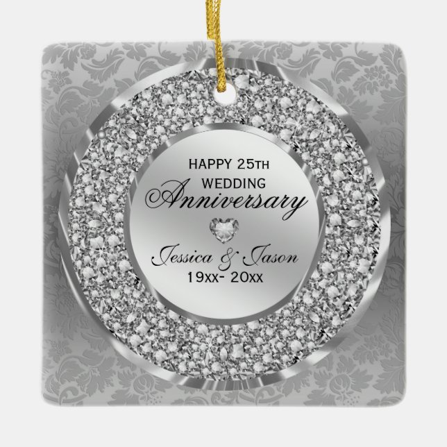 Diamonds & Silver Ring 25th Wedding Anniversary Ceramic Ornament (Front)