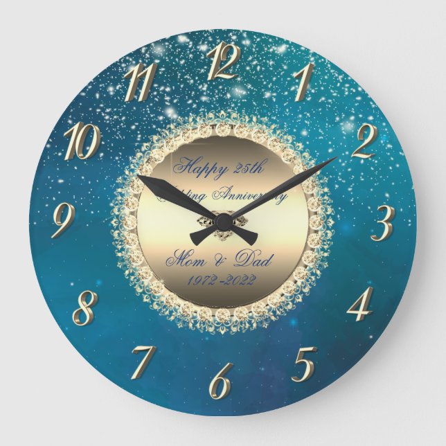 Diamonds Stars Blue 50 Wedding Anniversary Large Clock (Front)