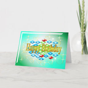 diamonds stars bubbles in gold and green birthday card