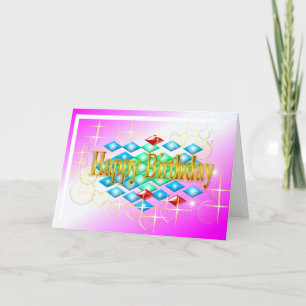 diamonds stars bubbles in gold and pink birthday card