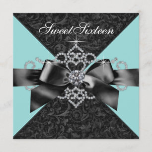 Diamonds Teal Blue Black Sweet 16 Birthday Party Invitation