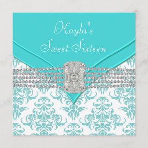 Diamonds Teal Blue Damask Sweet Sixteen Birthday Invitation