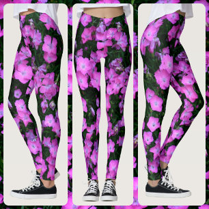 Dianthus Flowers Bright Pink and Green Floral Leggings