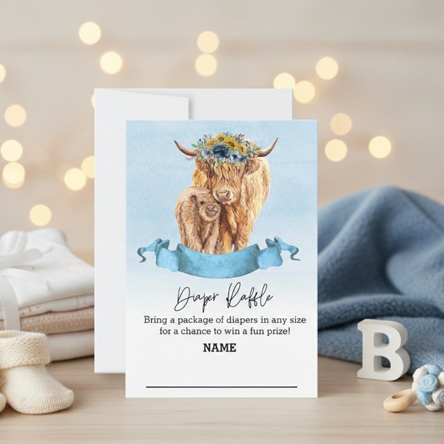 Diaper Raffle Blue boy Highland Cow Baby Shower Invitation (Creator Uploaded)