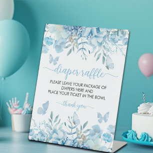 Diaper Raffle Blue Floral Baby Shower  Pedestal Sign