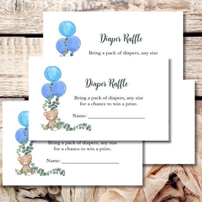 Diaper Raffle Game Bear Blue Balloon Eucalyptus Enclosure Card (Creator Uploaded)