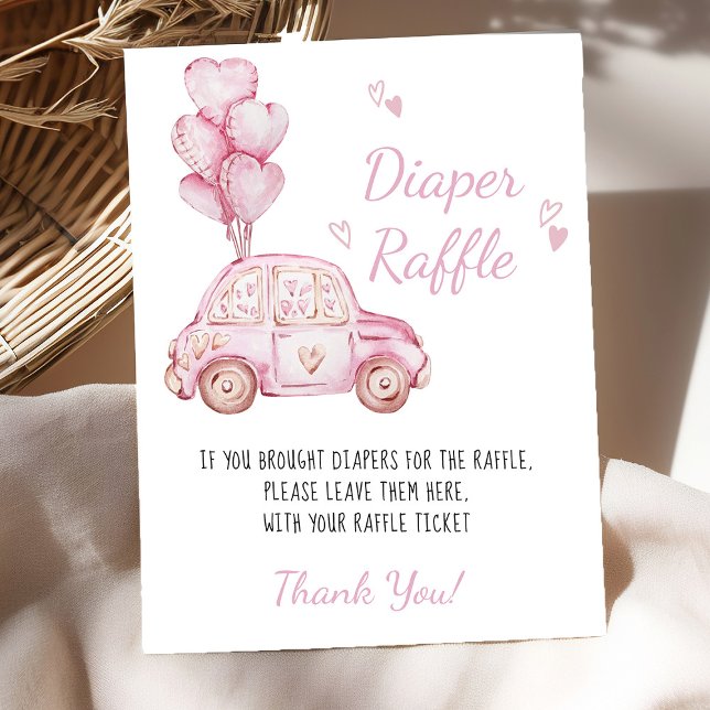 Diaper Raffle Pink Car Balloons Baby Shower Game Poster (Diaper raffle baby shower game poster - available printed or digital - by Darling & May)