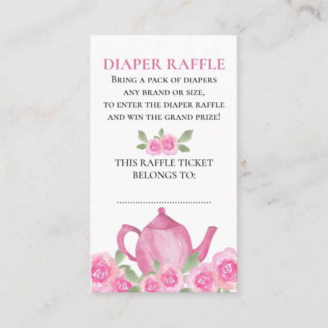 Diaper Raffle Pink Floral Teapot Baby Shower Enclosure Card (Front)