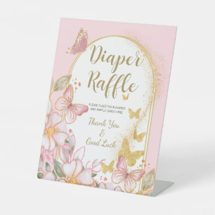 Diaper Raffle   Pink Girl Butterfly Baby Shower Pedestal Sign