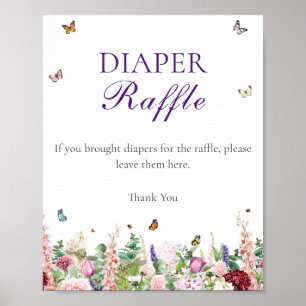 Diaper Raffle   Pink Purple Flowers & Butterflies Poster