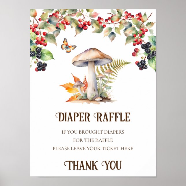 Diaper Raffle Sign Baby Shower Woodland Mushroom  (Front)