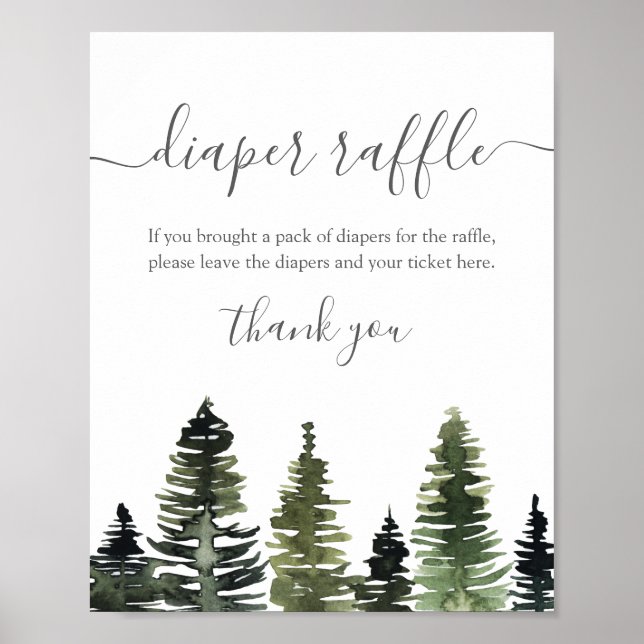 Diaper Raffle Sign Pine Trees Woodland Baby Shower (Front)