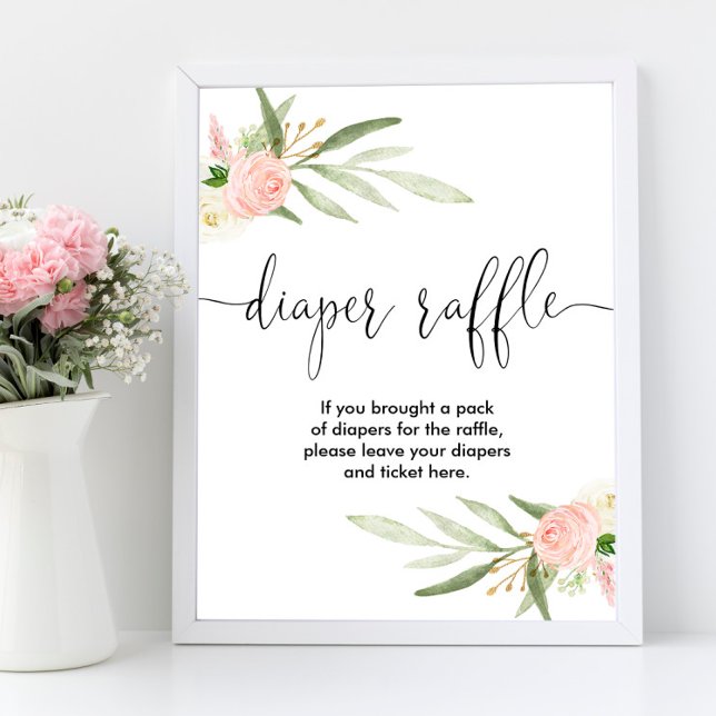 Diaper raffle sign pink greenery gold elegant (Creator Uploaded)