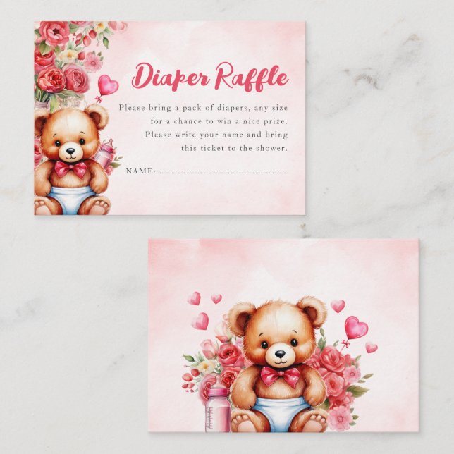 Diaper Raffle Teddy Bear Baby Shower Floral Pink Enclosure Card (Front/Back)