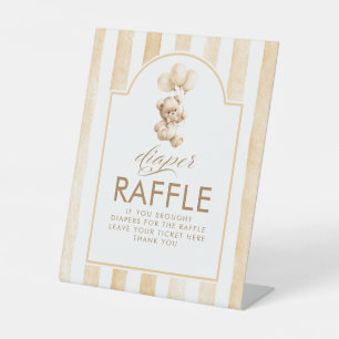 Diaper Raffle Teddy Bear Beige Stripes Baby Shower Pedestal Sign