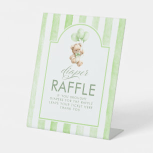 Diaper Raffle Teddy Bear Green Stripes Baby Shower Pedestal Sign