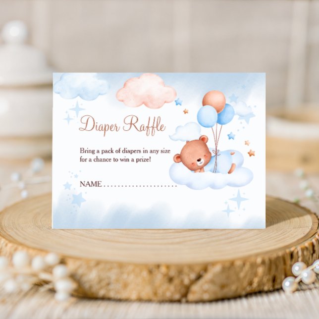 Diaper Raffle Teddy Bear on Cloud Blue Baby Shower Enclosure Card (Creator Uploaded)