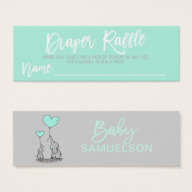 DIAPER RAFFLE Ticket MINT Baby shower éléphant (Devant & derrière)