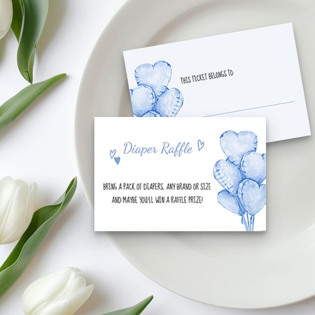 Diaper Raffle Ticket with Blue Heart Balloons Enclosure Card (Diaper Raffle Tickets from the little sweetheart themed Car and Balloons collection by Darling & May)