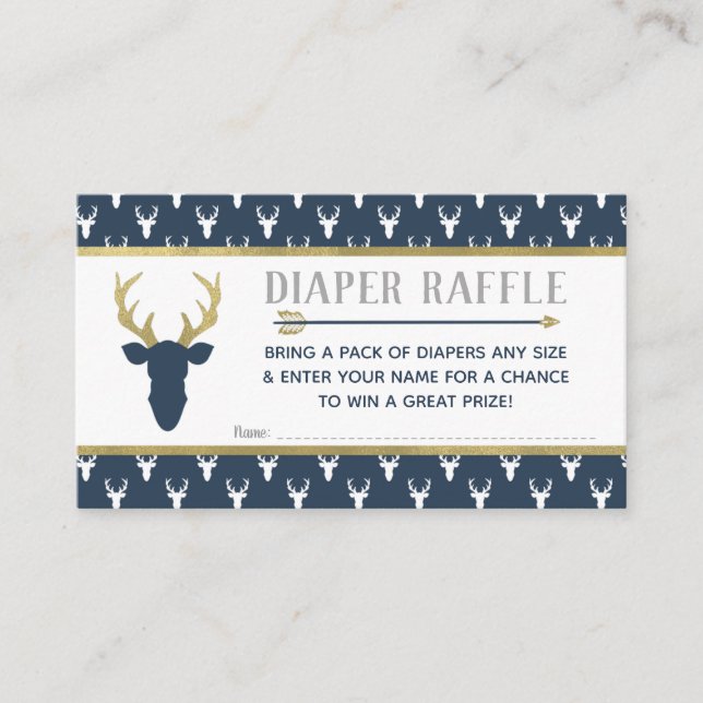 Diaper Raffle, Woodland Deer, Navy, Grey, Gold Enclosure Card (Front)