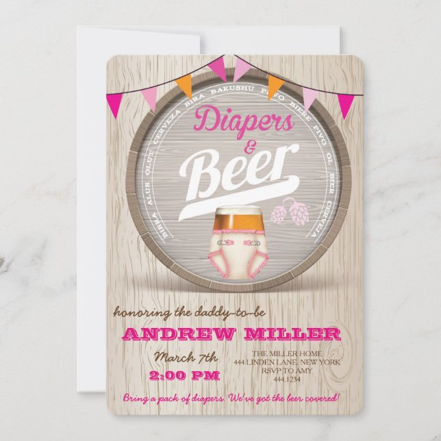 Diapers and Beer Baby Shower Girl Invitation (Front)