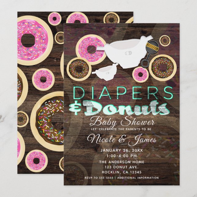 Diapers & Doughnuts Rustic Wood Party Baby Shower Invitation (Front/Back)