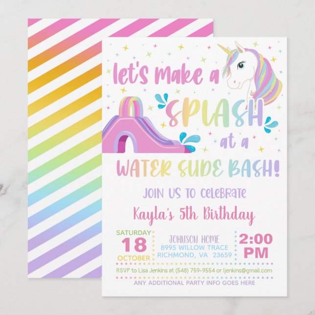 Diapositive sur l'eau Unicorn Invitation d'anniver (Devant / Derrière)