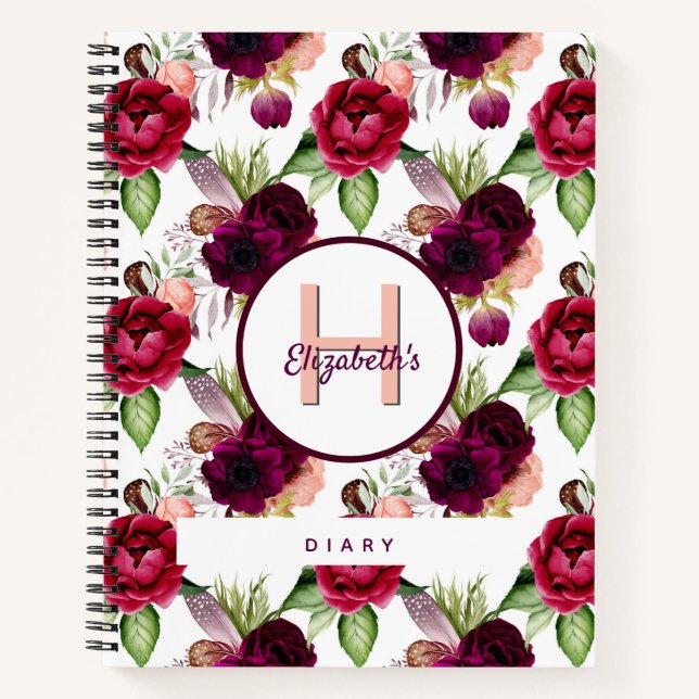 Diary flowers monogrammed burgundy notebook (Front)
